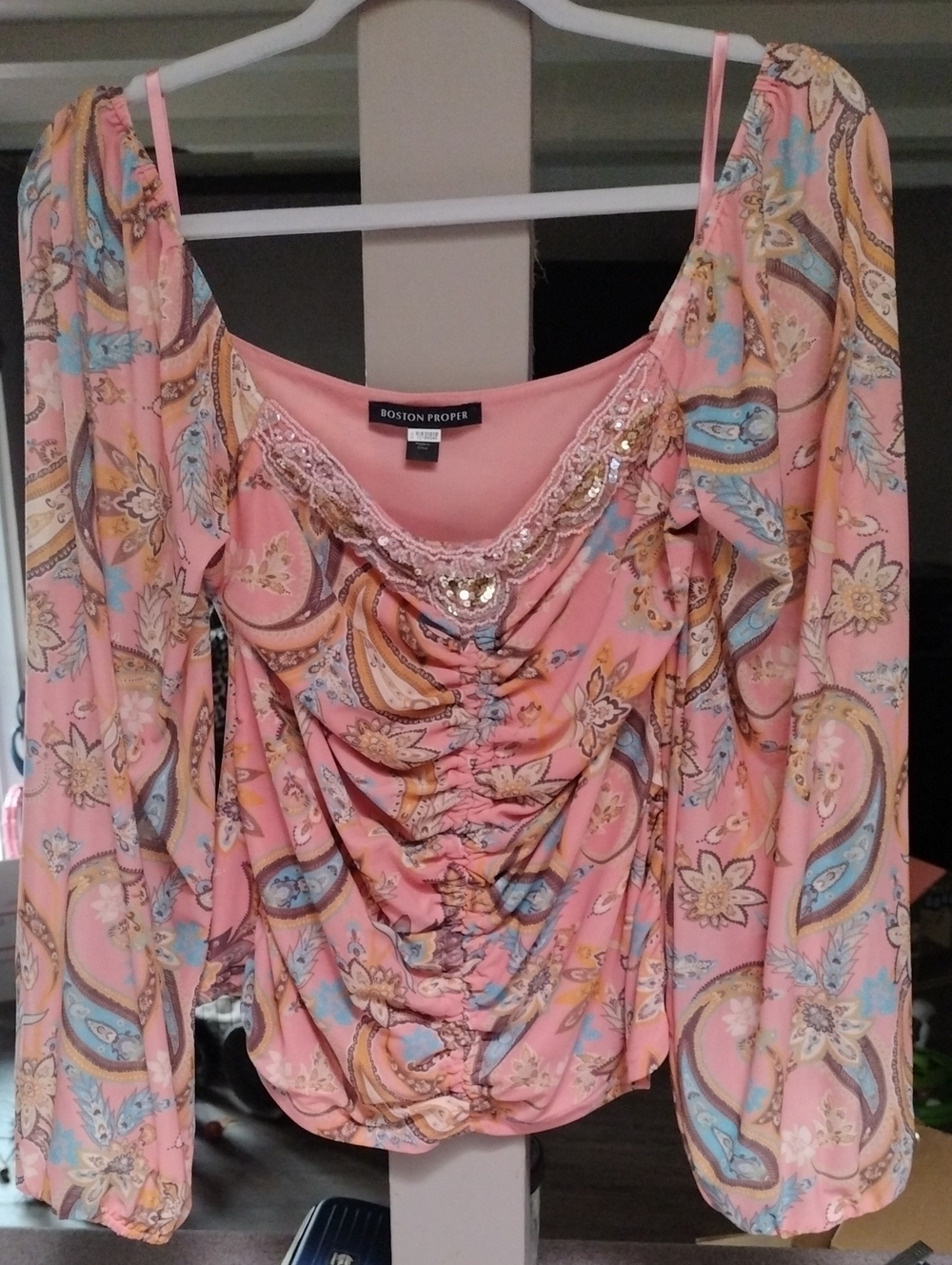 Boston Proper Pink Fairycore Ruched Top With Sequins And Sheer Balloon Sleeves